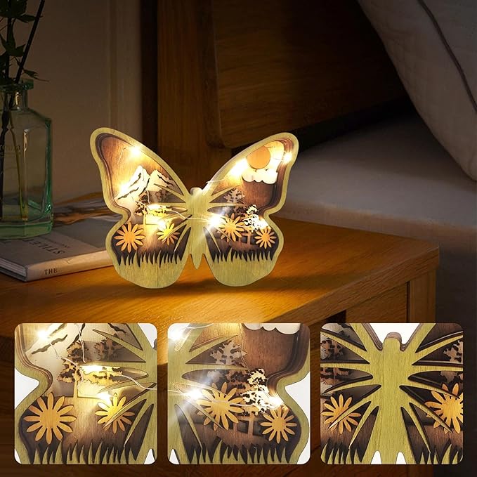 3D Wooden Carving Animals Lamp - Creative Fox Squirrel Wood Carved LED Night Light Garden Yard Wooden Animals Sculpture Ornaments Desktop Home Decor Birthday Gifts for Family Friend (Butterfly)