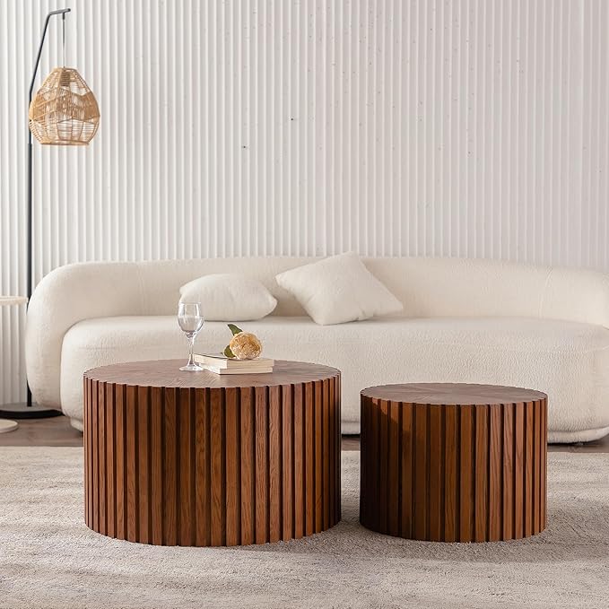 Nesting Coffee Table Set of 2, Modern Round Wooden Circle Accent Coffee Tables for Small Spaces Living Room Bedroom Balcony Office Drum Side Table