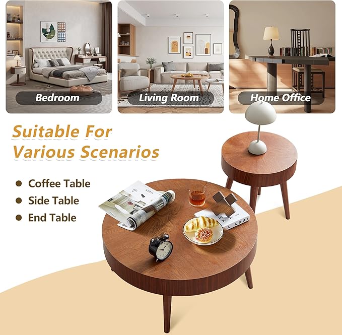 2 Pieces Round Wood Coffee Table Set, Modern Sofa End Table, Accent Side Table for Living Room ﻿ (Walnut)