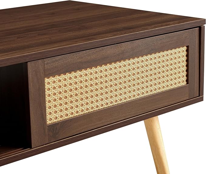 IANIYA Boho Coffee Table with Storage, Dining Table with Rattan Drawer and Solid Wood Legs, Small Center Tables for Living Room Small Space (Brown)