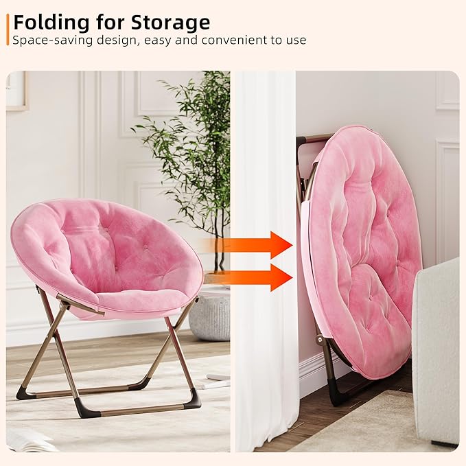 GarveeHome Comfy Oversized Saucer Chair – Soft Plush Fabric Reading Lounger for Adults, Stable X-Large Metal Frame Foldable Accent Lazy Chair for Bedroom, Living Room, Dorm, Office, Pink