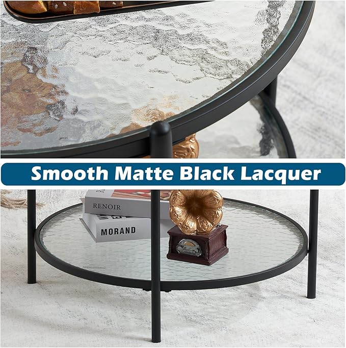 VINGLI 25.6" Small Matte Black Round Coffee Table Water-Wave Glass Circle Clear Coffee Table, Center Table with 2-Tier Modern Storage Design for Living Room, Bedroom, Meeting Room, Balcony, Patio