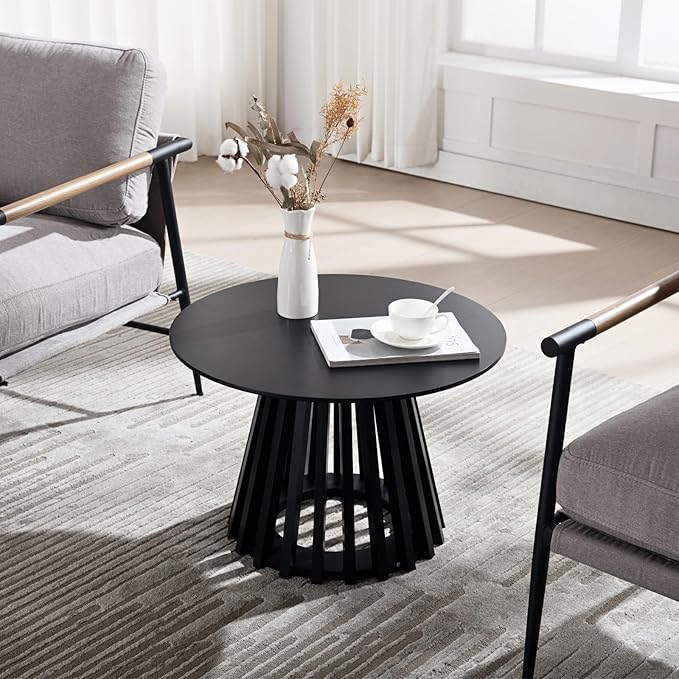 HEAH-YO Round Coffee Table, Circle End Table with Pedestal Base, 24 Inch Modern Side Table for Living Room Home Small Space Office, Black