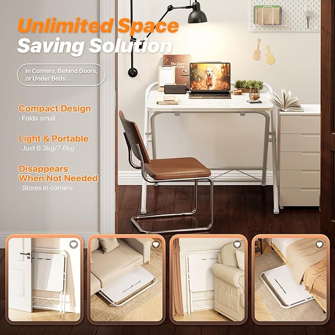 Huuger Folding Desk with 3-Level Adjustable Height and Tablet Slot, 24 Inch Foldable Computer Desk for Small Spaces, Space Saving, Writing Work Table for Home Office, Bedroom, Study, White