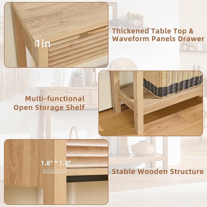 LEYAOYAO Fluted 47.2" Console Table with 3 Drawers, Modern Wood 2 Tier Entryway Table with Open Storage Shelf, Boho Sofa Entry Tables Behind Couch for Living Room, Hallway, Entrance Foyer, Natural Oak