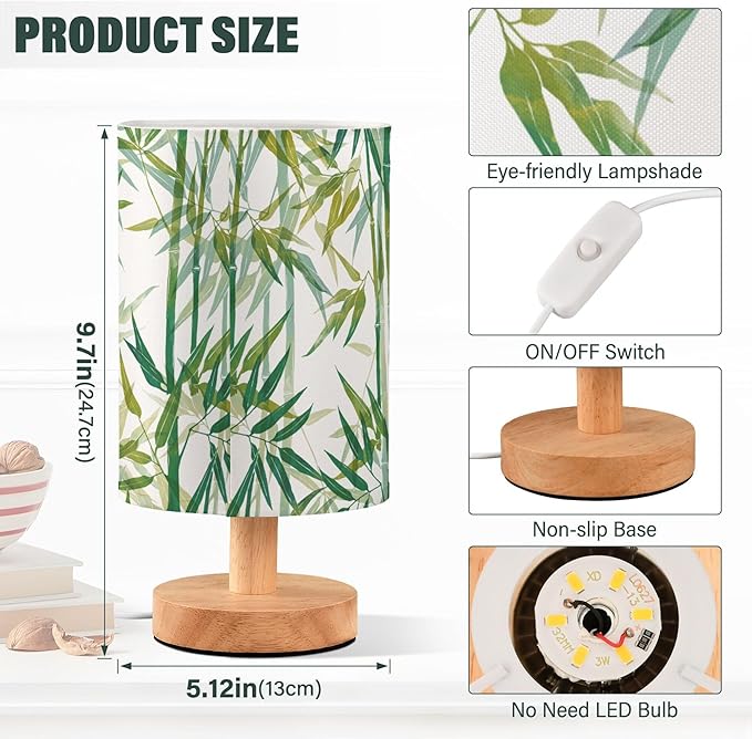 Table Lamp Green Bamboo Boho Design Nightstand Lamp with Wood Base Fabric Lamp Shade Bedside Desk Lamp for Living Room Bedroom Kids Room Office