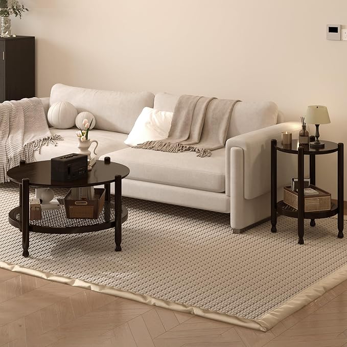 NSdirect Round End Table for Living Room, 2-Tier Rustic Wood Center Table for Home Decor with Boho Woven Rattan Storage Shelf | Modern Farmhouse Design, Easy Assembly, Black Brown