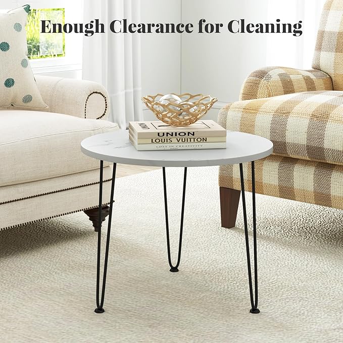 Giantex Round Coffee Table, Faux Marble Center Table with Metal Legs, Sofa Accent Side Table, Modren Coffee Tables for Living Room, Bedroom, Balcony, Small Space (White)