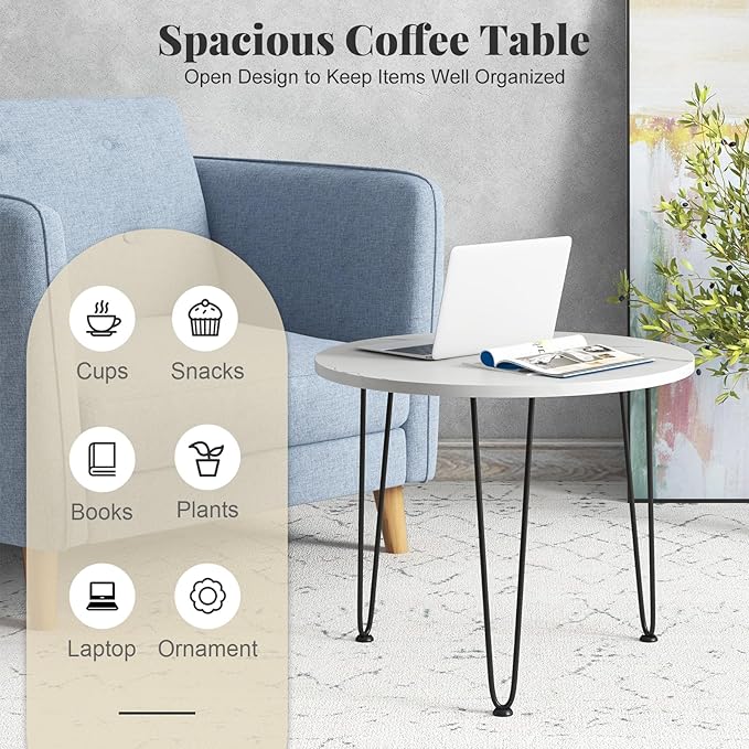 Giantex Round Coffee Table, Faux Marble Center Table with Metal Legs, Sofa Accent Side Table, Modren Coffee Tables for Living Room, Bedroom, Balcony, Small Space (White)