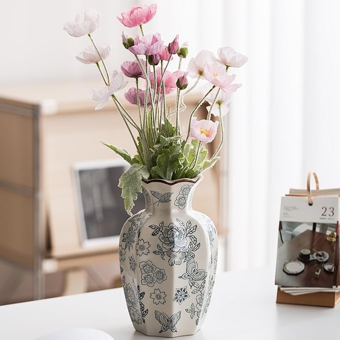 Blue and White Vase, Vintage Blue Ceramic Flower Vessel,Ceramic vases for Home Decor,Vintage Green and Beige for Console Table Mantle Chinoiserie Decor (Retro-02, Large)