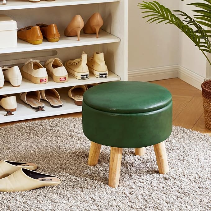 IBUYKE 13 Inch Foot Stool Ottoman with Storage, Round Small Foot Rest with Padded Seat and Wood Legs, PU Faux Leather Mini Footstool for Living Room Couch Bedroom Entryway, Dark-Green WBD023GR