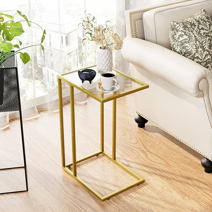 C-Shaped End Table, Side Table for Couch,Sofa Snack Table with Tempered Glass & Metal Frame,Small TV Tray Table for Small Space,Living Room, Bedroom, Bedside,Modern Style, Gold