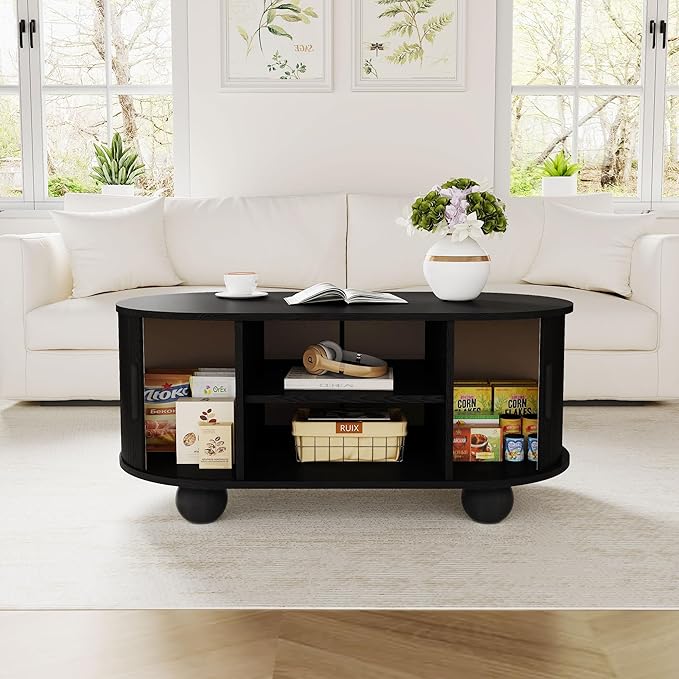 Rectangle Coffee Table, Fluted Coffee Tables for Living Room, Mid-Century Coffee Table Center Table with Storage & Sliding Doors for Apartment, Home Office (Black)