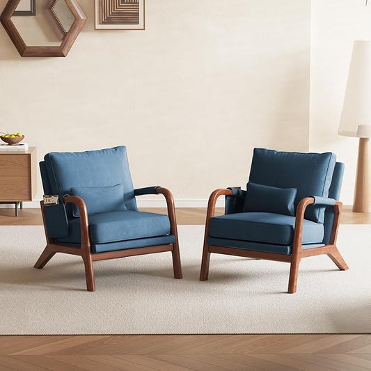 Mid Century Modern Chair Set of 2, Upholstered Lounge Arm Chair with Solid Wood Frame, Comfy Accent Chair for Living Room, Bedroom, Reading, Reception, Blue