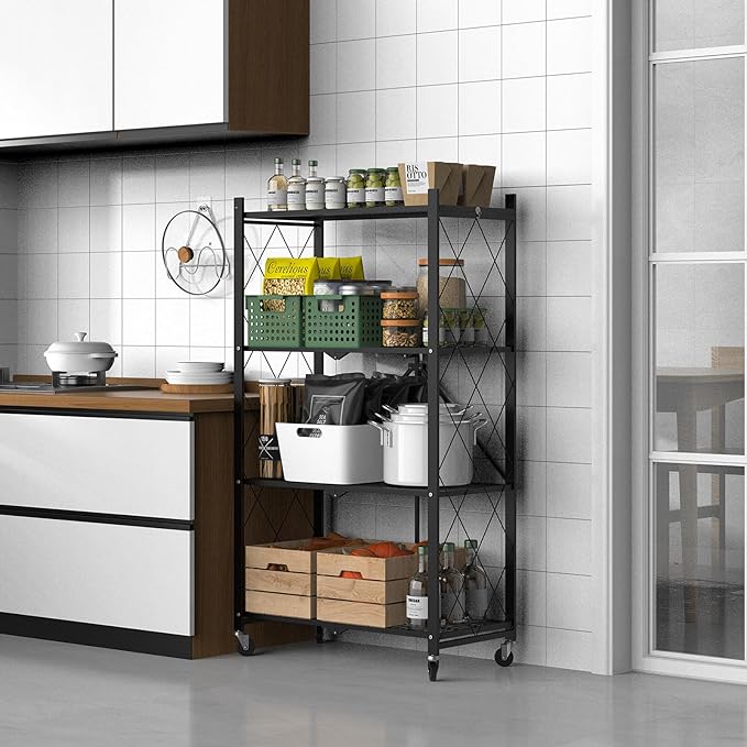 50" H 4 Tier Foldable Storage Shelf with Wheels, Folding Shelving Loads 400 LBS, Metal Steel Garage Shelves, Rolling Standing Utility Rack for Kitchen, Pantry, Office, Black