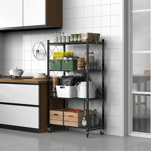 50" H 4 Tier Foldable Storage Shelf with Wheels, Folding Shelving Loads 400 LBS, Metal Steel Garage Shelves, Rolling Standing Utility Rack for Kitchen, Pantry, Office, Black