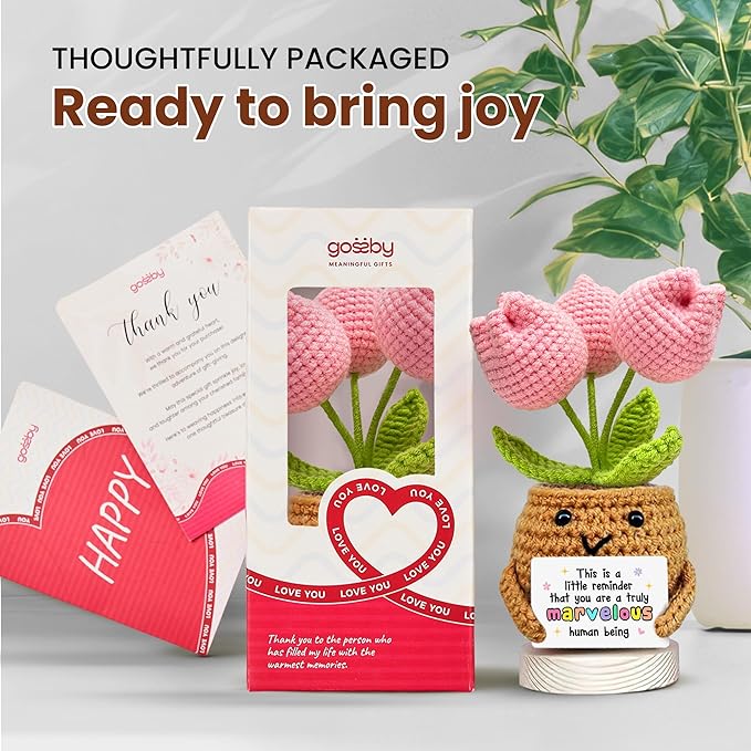 Gossby Handmade Positive Tulip Flower Crochet - This is A Little Reminder - Inspirational Gift for Women - Thank You, Appreciation, Positive Gift for Teacher, Mom, Friend, Coworker - Knitted Decor