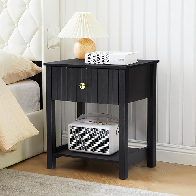 Wood Nightstand, 21.65" H Bedside Table with Wide Fluted Finish, Modern Night Stands with Drawer, Mid Century End Table for Bedroom (Black)