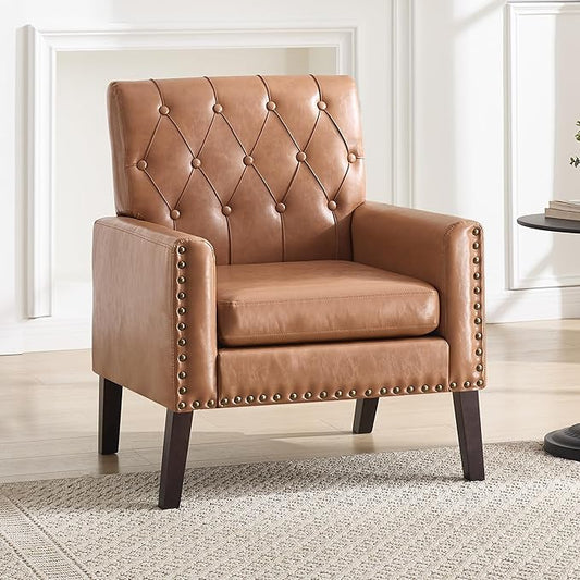Mid Century Modern Accent Chair, Light Brown Faux Leather Office Chair for Reception - Brown Leather Club Chair for Living Room, Bedroom, or Waiting Room