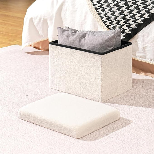 B FSOBEIIALEO Storage Ottoman Cube Small Sherpa Ottoman Foot Rest, Foldable Portable Boucle Ottomans, Faux Teddy Fur, Cream White 16.5"x12.6"x12.6"