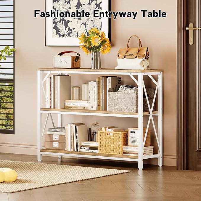 Homeiju Entry Table 40" Width, 3-Tier Entryway Table with Storage, Industrial Sofa Table with Open Shelves, Foyer Tables for Entryway, Hallway, Kitchen, Living Room and Bedroom, Light Coffee