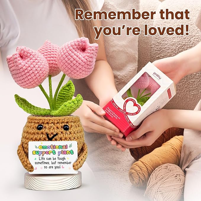 Gossby Handmade Positive Tulip Flower - Emotional Support Crochet Gift for Women - Inspirational, Mental Health, Mothers Day, Birthday Gift for Mom, Sister, Friend, Coworker - Crochet Doll with Card