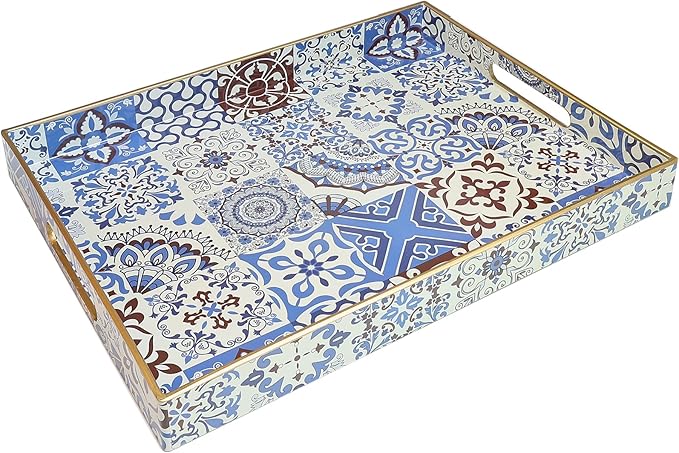 Spsyrine Decorative Serving Tray with Handles, Lacquered Coffee Table Tray for Ottoman, Rectangular Waterproof Platters for Centerpieces, Parties, Living Room, Kitchen Counter Organization SP3040RE1