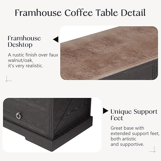 Coffee Table with Storage, 47.2 in Rustic Wooden Center Table with 4 Drawers for Living Room, Easy Assembly Rectangle Home Office Farmhouse Tea Accent Table for Apartment, Oak Black