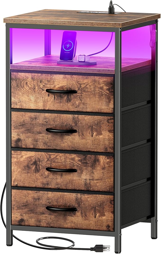 Huuger Night Stand with Charger Station and LED Lights, 4 Drawer Nightstand, Bed Side Table with Open Shelf, End Table, Fabric Dresser for Bedroom, Rustic Brown