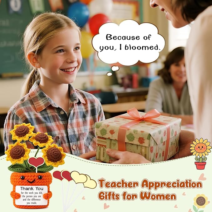 Mini Thank You Gifts for Women Handmade Crochet Sunflower Appreciation Gift for Women, Teacher, Mentor, Nurse, Boss, Leader, Friend, Coworker Retirement Farewell Christmas White Elephant Gift Ideas