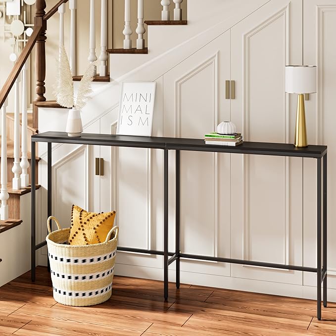 63" Console Table,Modern Narrow Long Sofa Table Behind Couch,Skinny Entry Table with Black Metal Frame for Living Room, Hallway,Classic Black