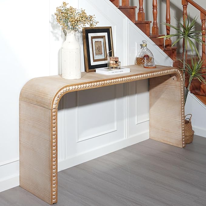 59" Wood Console Table with Wood Beads, for Entryway, Hallway, Living Room, Foyer, Corridor, Office, Modern Curved Waterfall-Style