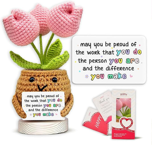 Gossby Handmade Positive Tulip Flower Crochet - May You Proud of The Work That You Do - Inspirational Gift for Women - Positive Energy, Apreciation, Farewell, Retirement, Goodbye Gift for Coworker