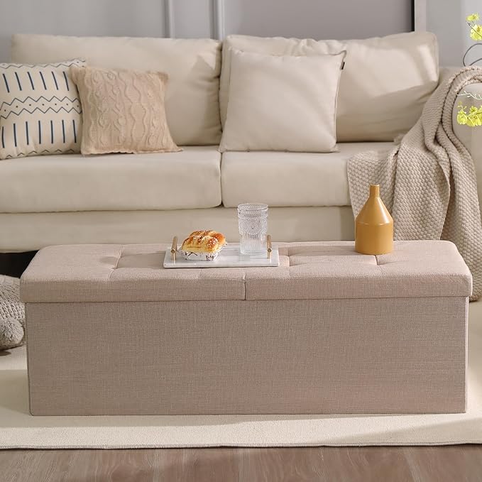 CUYOCA 45.3 Inches Storage Ottoman Bench Foldable Seat Footrest Shoe Bench End of Bed Storage with Flipping Lid, 166L Storage Space, Linen Fabric Sandy Beige