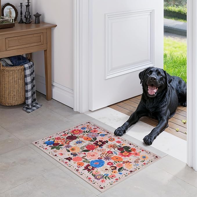 Area Rugs 24x17 Inch Home Decor Entry Rug, Small Door Mat Bath Mats for Bathroom, Ultra-Thin Non Slip Floral Low Pile Tub Mat for Sink Shower Doorway Tub Kitchen Sink(2 x 1.4 ft, Beige/Pink Garden)