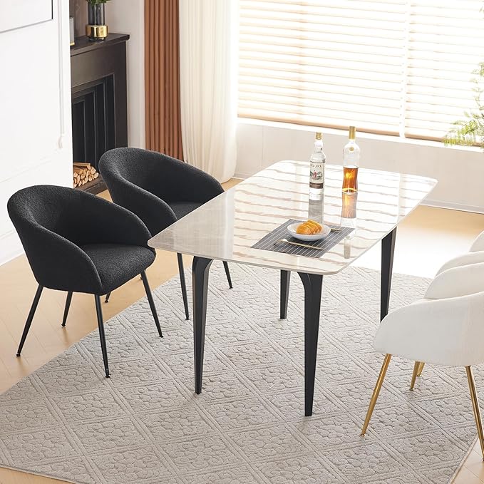Modern Small Accent Chair Set of 2, Comfy Sherpa Makeup Vanity Chair with Metal Legs, Decorative Chair no Wheels for Living Room, Dressing Room, Bedroom, Black