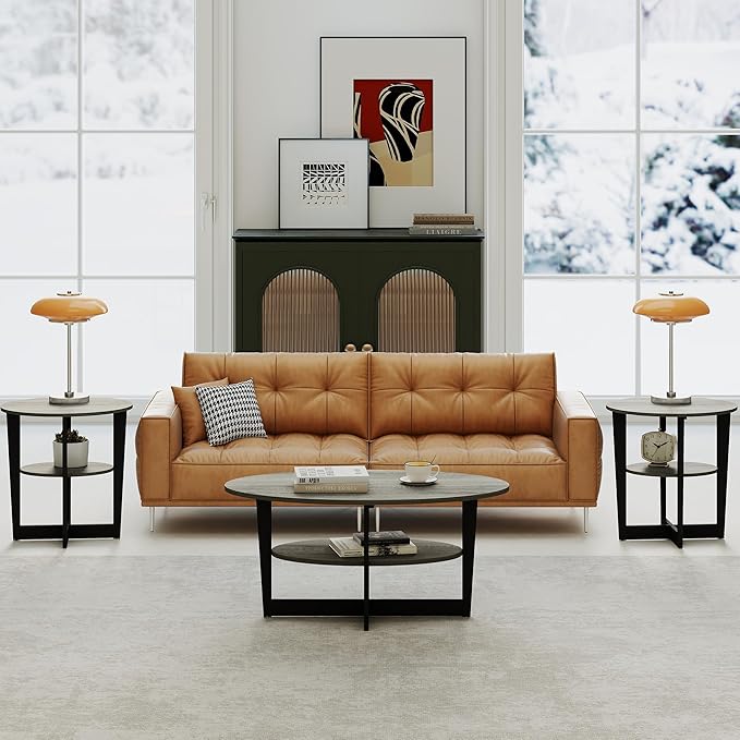 Small End Table Set of 2, Round Side Tables with 2-Tier Open Storage, Coffee Table for Living Room, Apartment, Home Office, Small Spaces, Grey