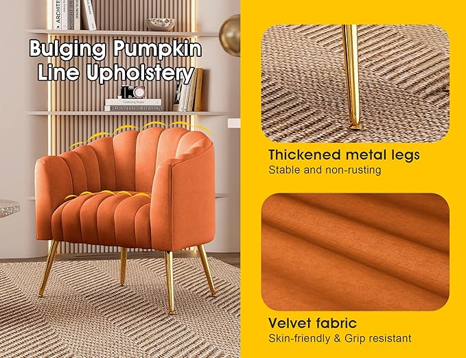 Oversized Pumpkin Couch Accent Chair, Modern Comfy Velvet Upholstered Barrel Chairs, Luxury Single Sofa Armchair for Living Room, Waiting Room, Office and Vanity, (Orange)