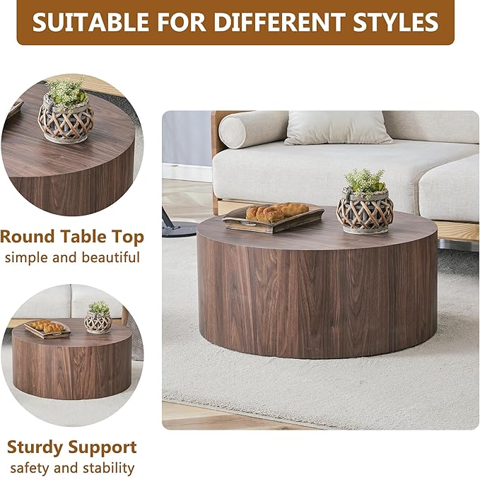 27.5" Round Wood Coffee Table, Modern Coffee Tables in Walnut Wood Finish for Living Room, Contemporary No Assembly Circle Wooden Center Cocktail Table for Bedroom, Reception Room