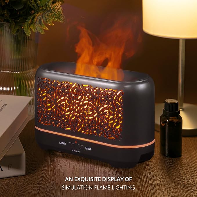 Earnest Living Essential Oil Diffuser Classic Flame Diffuser 200ml Timers Night Lights and Auto Off Function Home Office Humidifier Aromatherapy Diffusers for Essential Oils Black