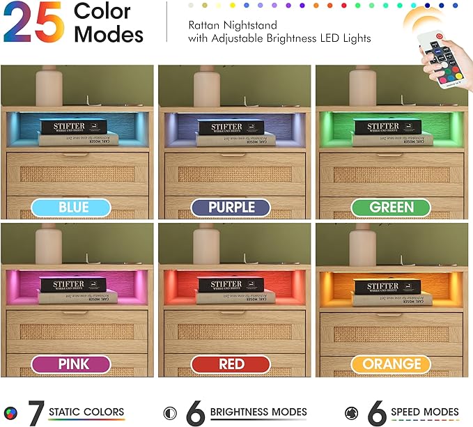 Real Rattan Nightstands Set of 2 with Charging Station and Led Lights, End Tables with 2 Drawers and Wood Legs, Bedside Tables, Boho Night Stand Set 2 for Bedrooms, Side Tables (2 Pack)