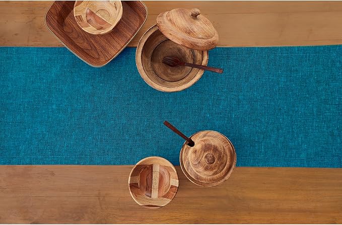 Solino Home Linen Small Table Runner 48 Inches - Athena, 100% Pure Linen Chambray Teal Table Runner 14 x 48 Inch Ideal for Dresser and Coffee Tables - Fall, Autumn, Thanksgiving