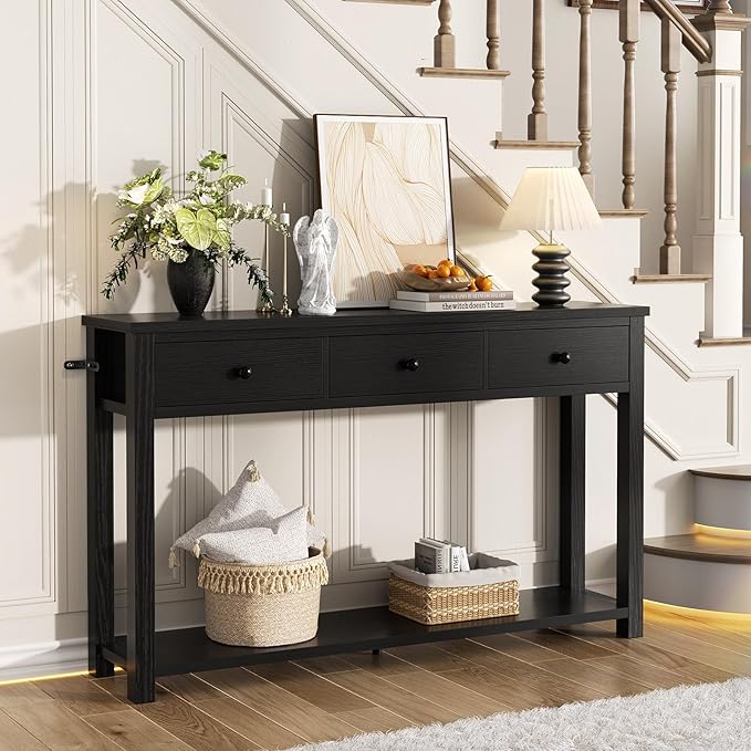 Homieasy Farmhouse Console Table with 3 Drawers, 47 Inch Wood Sofa Table with Storage Shelf for Living Room, Behind Couch, Entryway Table for Hallway, Living Room, or Foyer, Black
