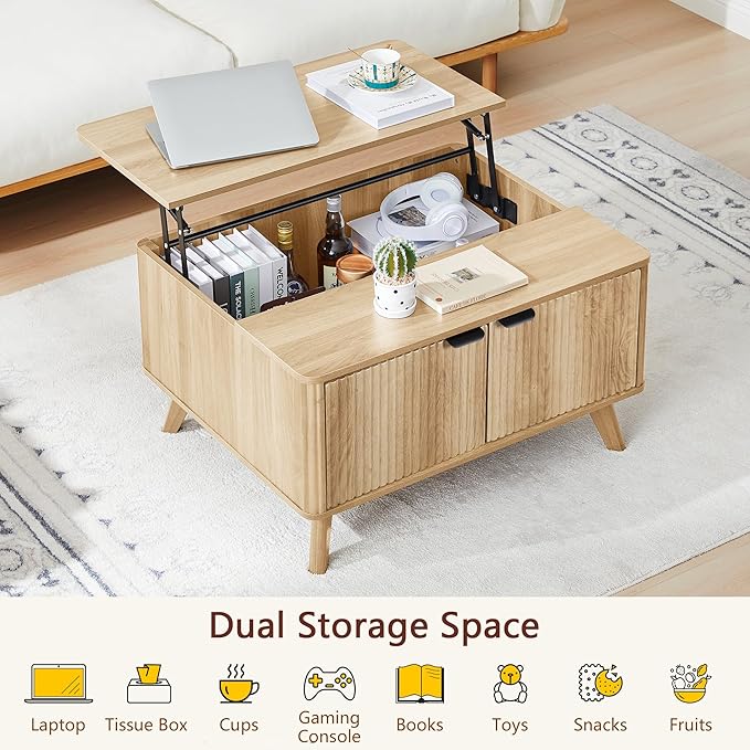 Fluted Lift Top Coffee Table with Large Hidden Compartment, 31.5” Wooden Center Table with Storage, Mid Century Modern Lift Tabletop Coffee Tables for Living Room Home Office, Natural