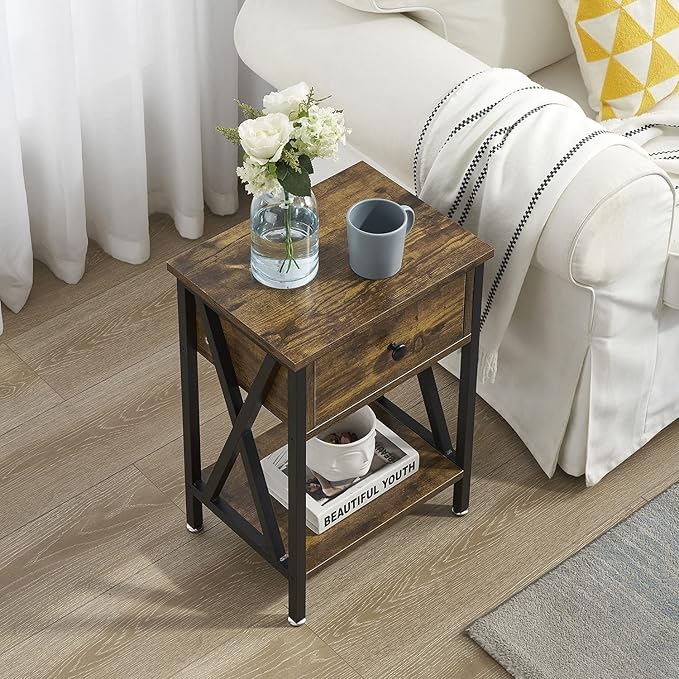 VECELO Nightstands Set of 2, Modern Bedside End Tables, Night Stands with Drawer and Storage Shelf for Living Room Bedroom, Industrial Metal Frame