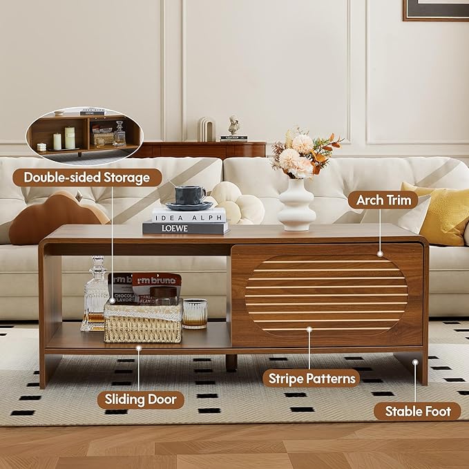 43.3“ Mid Century Modern Coffee Table with Storage, Curved Profile Wood Coffee Table with Sliding Arched Door, Farmhouse Center Table Rectangle Coffee Table for Living Room, Office, Walnut