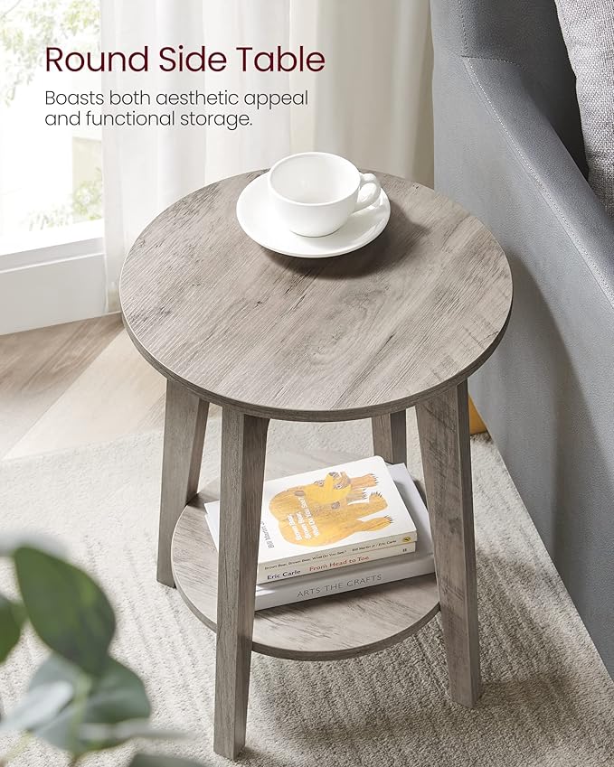 VASAGLE MAEZO Collection - Side Table, 2-Tier Small Round End Table, Nightstand with Tapered Legs, Curved Transitions, for Small Spaces, Living Room, Bedroom, Heather Greige ULET283T02