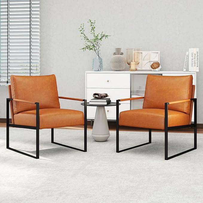 CANMOV Mid Century Modern Accent Chair, PU Leather Armchair with Metal Frame,Comfy Single Reading Chair with Soft Padded Backrest and Cushion for Living Room, Bedroom,Reading Room,Office,Brown