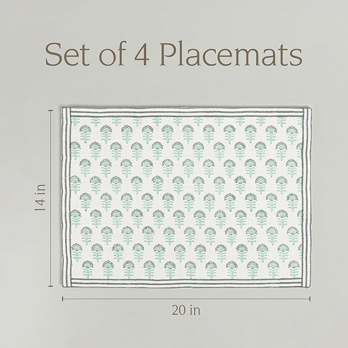 Over&Back Set of 4 Hand-Blocked Placemats - Colorful Dining Table Mat - Each Placemat is Unique - 100% Cotton - Machine Washable - Kitchen and Home Decor - Green Flower