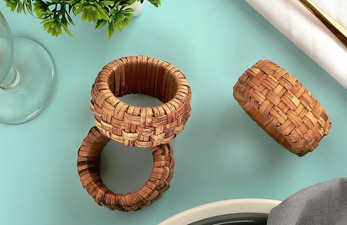 Nautical Coastal Rattan Napkin Rings - Set of 6 Natural Beach, Party & Dining Table Decor, Handcrafted Rustic Napkin Holders, Home & Kitchen Accessory (Brown) - ALPHA Living HOME